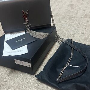 100% NWT Authentic Saint Laurent dark charcoal, and Silver Crossbody with Tassel